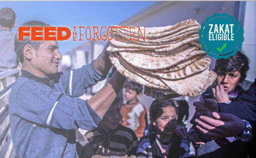 People receiving food with a 'Feed the Forgotten' logo and 'Zakat Eligible' badge